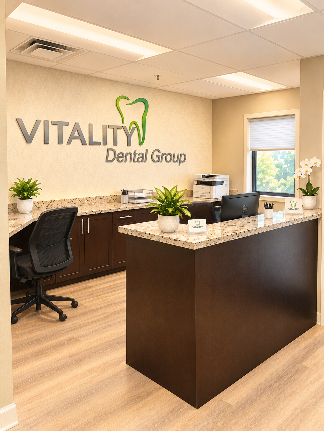 A warm dental office reception with a tooth mural, waiting lounge, and treatment room