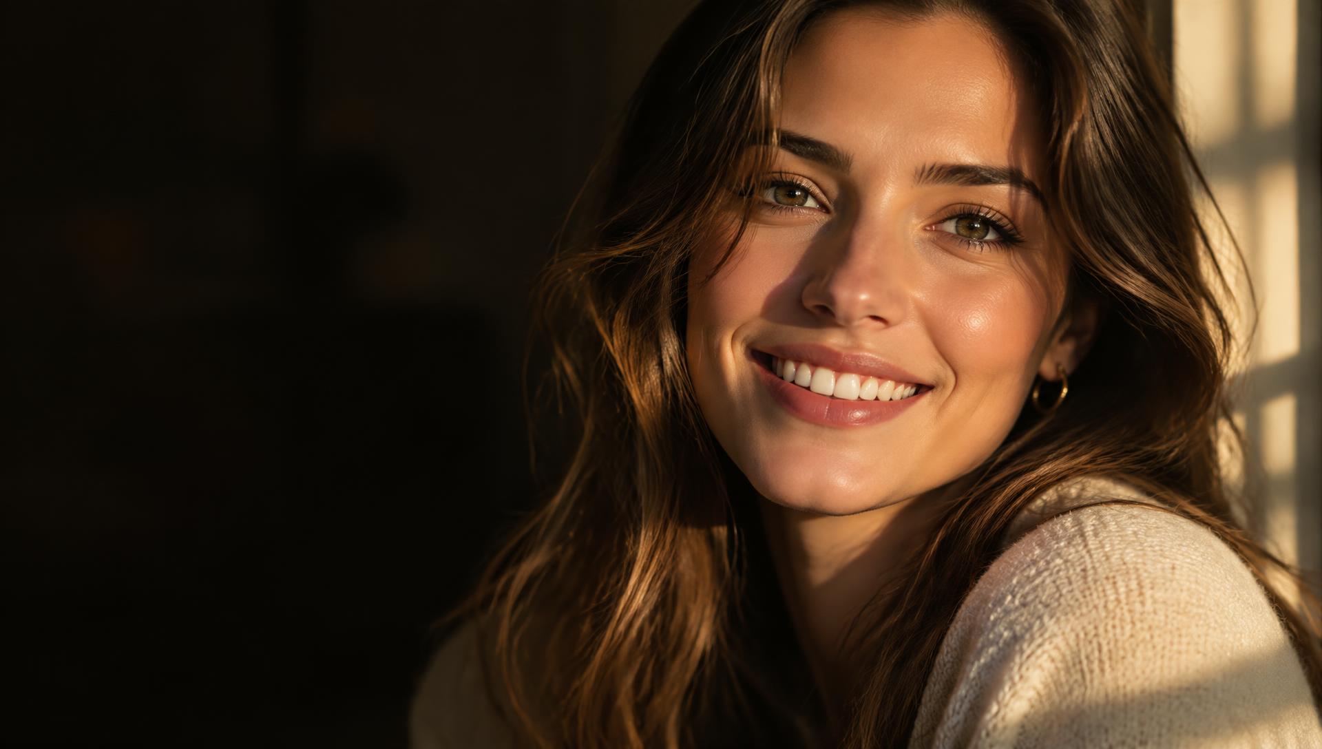A relaxed, naturally confident smile in warm sunlight